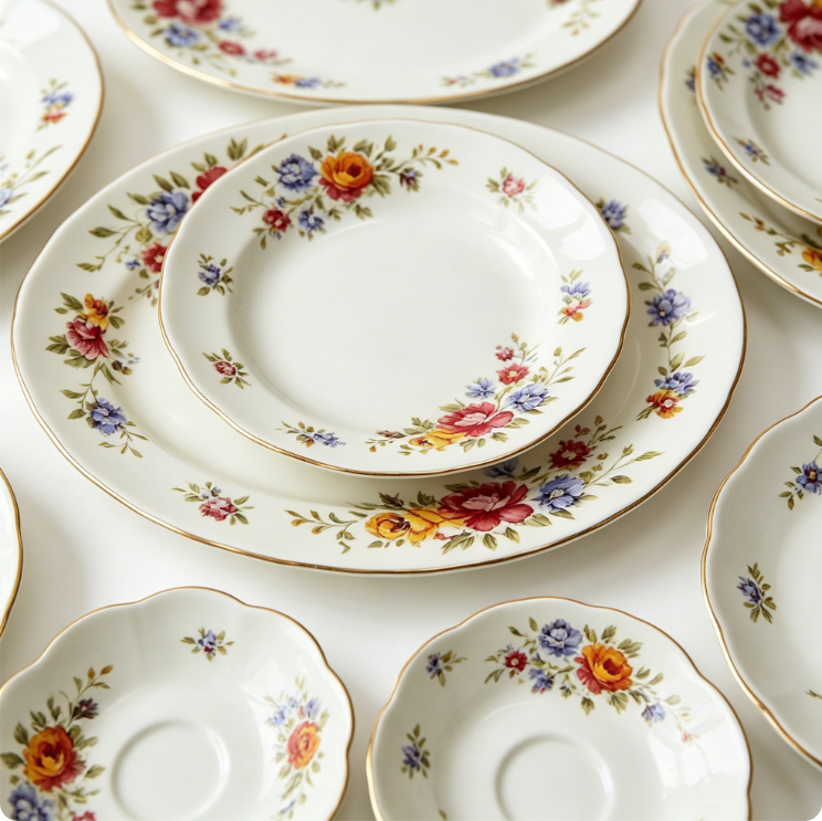 Porterurielie Service de Vaisselle en Porcelaine 24 Pièces pour 6 Personnes, 6 Assiettes Plates, 6 Assiettes à Dessert, 6 Assiettes Creuses et 6 Bols, Compatible Micro-Ondes, Motif Floral Coloré