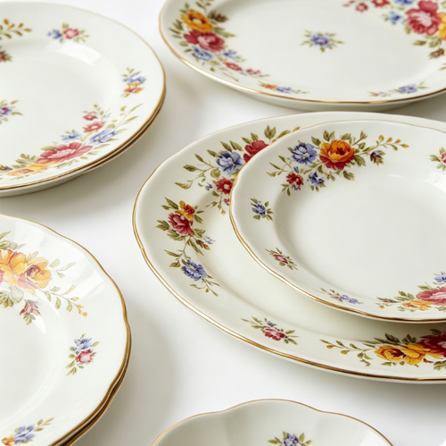 Porterurielie Service de Vaisselle en Porcelaine 24 Pièces pour 6 Personnes, 6 Assiettes Plates, 6 Assiettes à Dessert, 6 Assiettes Creuses et 6 Bols, Compatible Micro-Ondes, Motif Floral Coloré